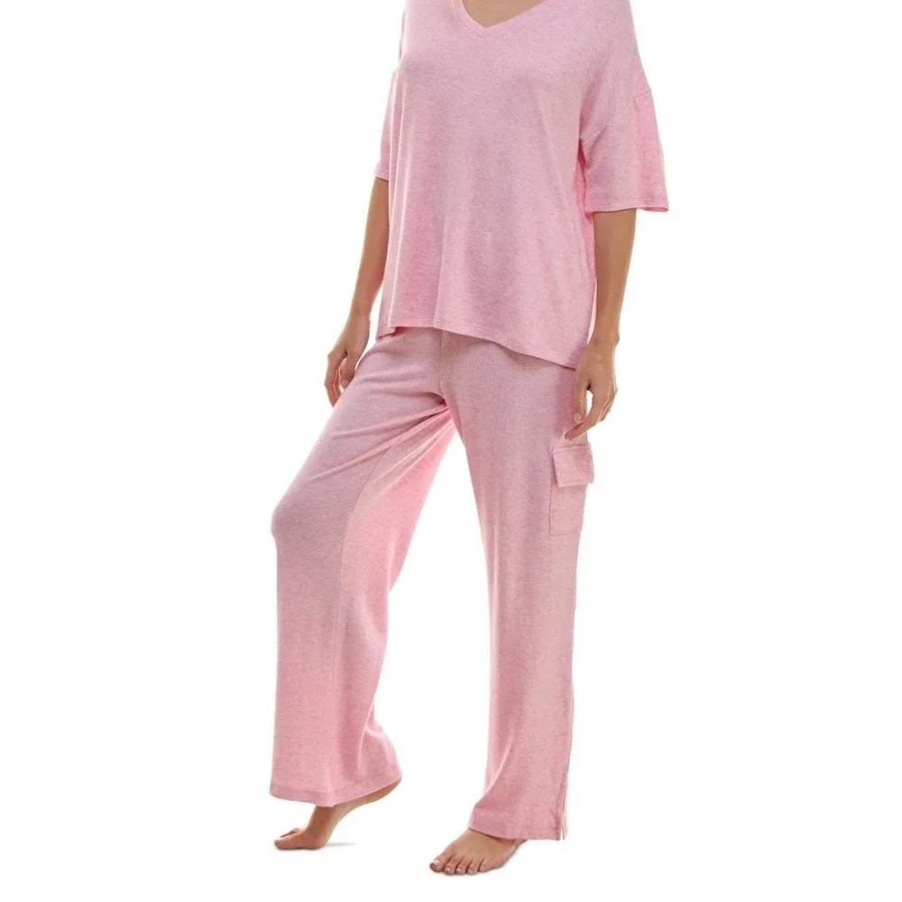 NEW Roudelain Womens 2pc M Loungewear Pajama Set Pink Cargo Pants V-Neck‎ Top